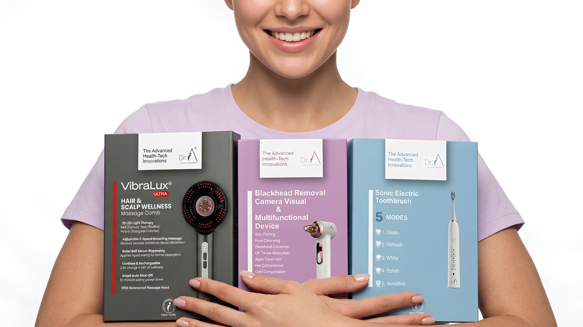 A smiling woman holding the VibraLux® Ultra, Blackhead Removal Camera Device and Sonic Electric Toothbrush boxes