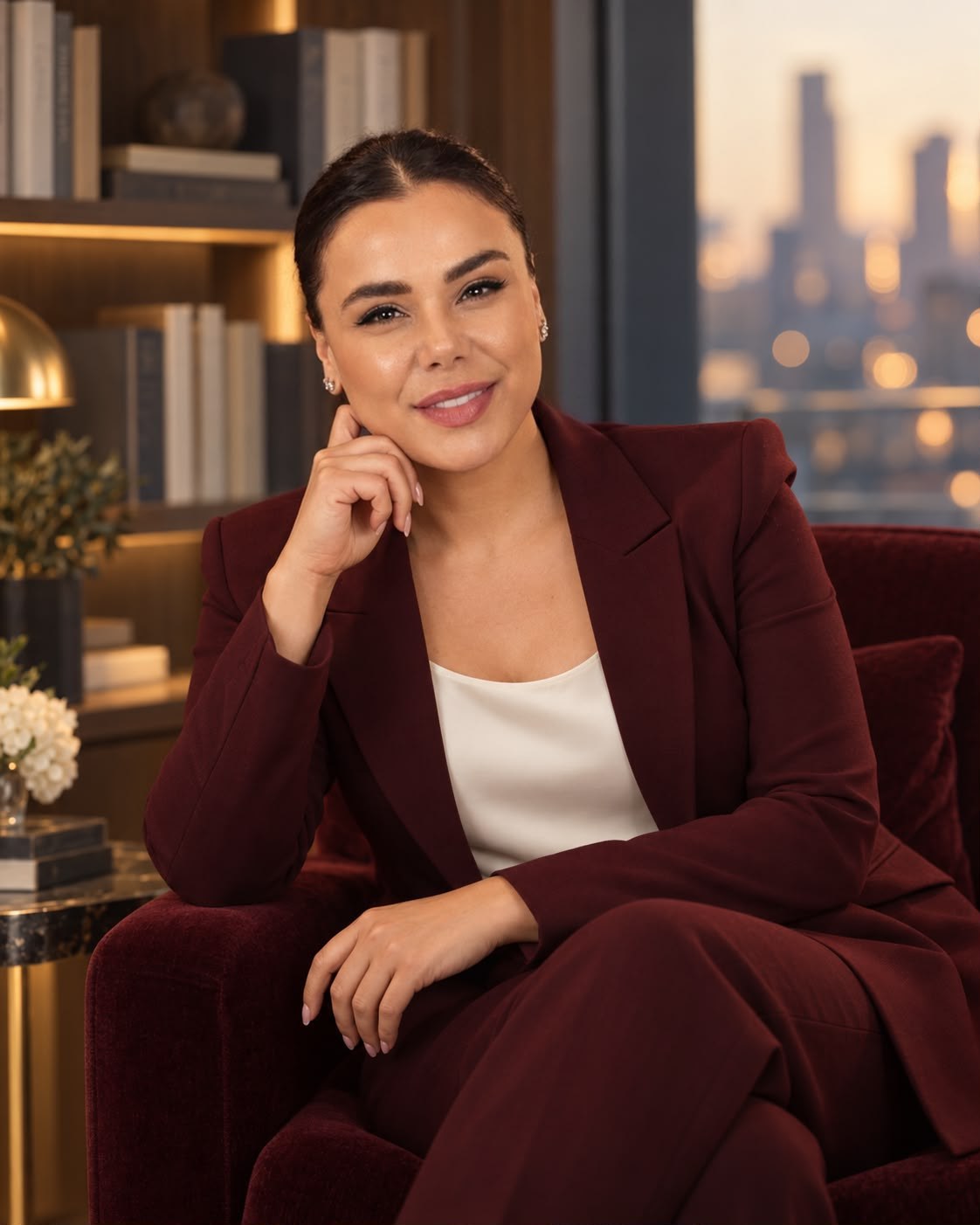 Dr. Asma Saliba in a burgundy suit, seated in a velvet armchair