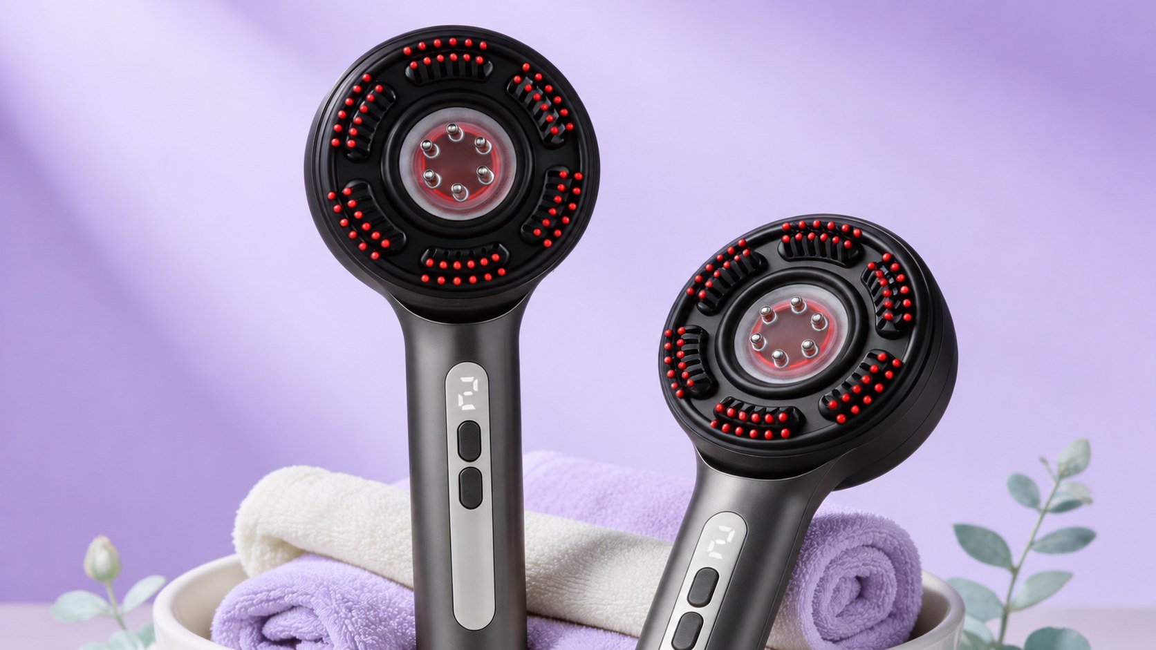 Two VibraLux® Ultra scalp massage combs on lavender towels