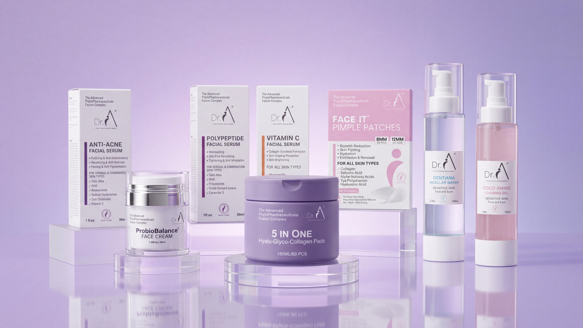 The Dr. A® Skincare range on lavender glass podiums