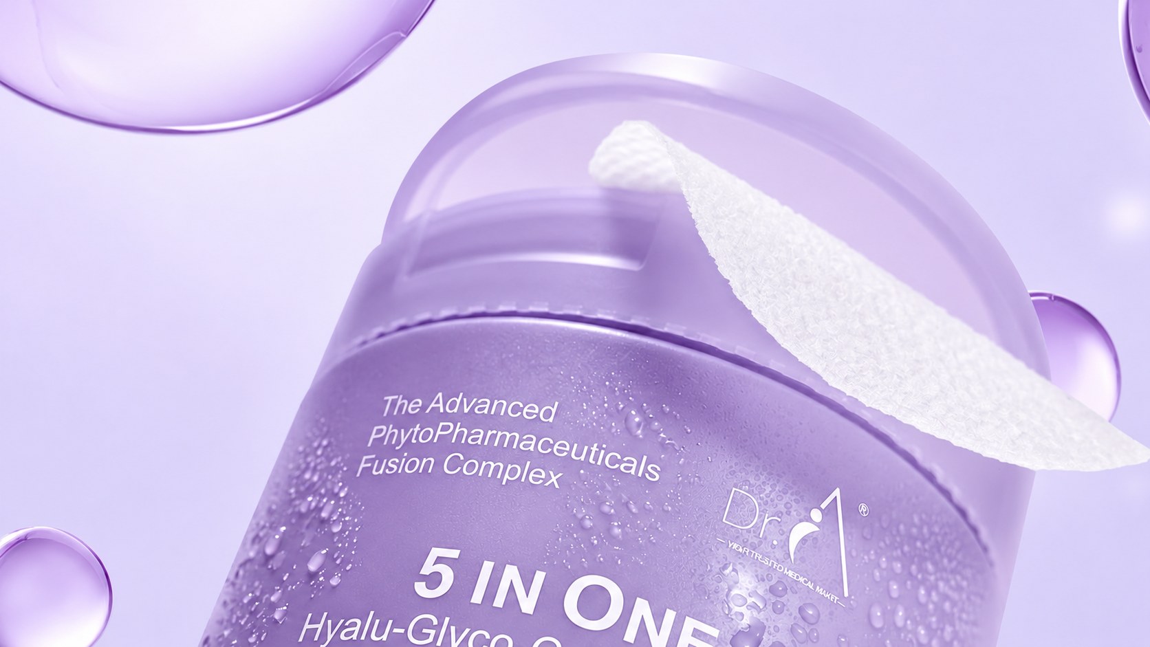 A lavender jar of Dr. A® 5 in One Hyalu-Glyco-Collagen Pads among bubbles