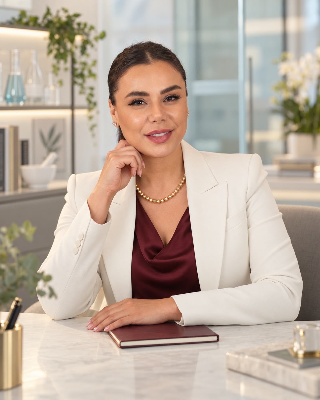Dr. Asma Saliba in a cream blazer at her desk