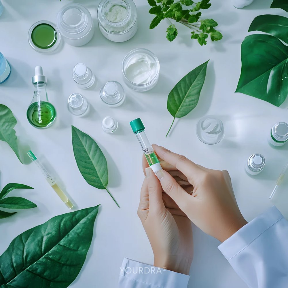 A scientist in a lab coat holding a test tube of green botanical extract, surrounded by leaves and skincare jars